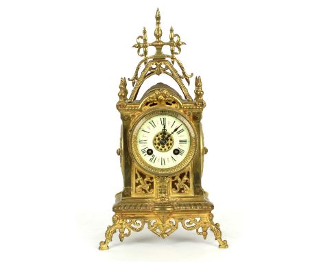 French brass two train mantel clock, the Mougin movement with outside countwheel striking on a bell, the movement back plate 