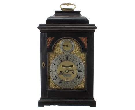 English ebonised double fusee verge bracket clock, the 7" brass arched dial signed Fra. Mayhew, Papham on an arched silvered 