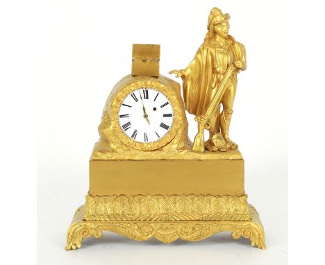 Small French Empire style gilt metal mantel clock timepiece with watch movement signed Leblanc á Paris, the 2.25" white dial 