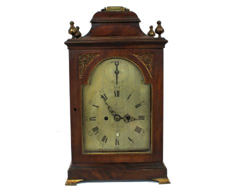 English mahogany double fusee bracket clock, the 7" silvered arched dial signed Percival, Woolwich to the centre over a calen