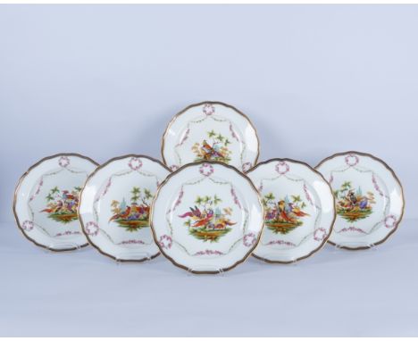 6 Speiseteller, Meissen, Schwertermarke, 1850-1924, 1. Wahl, Rosenranken und Kränzchen, bunt, königsblauer Reifen, glasiert, 