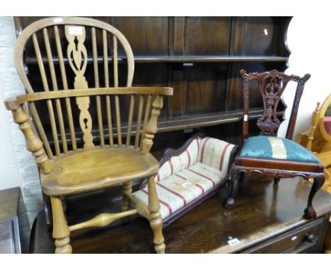 A modern child's ash and elm Windsor chair, doll's Chippendale style carved mahogany single chair and miniature chaise longue