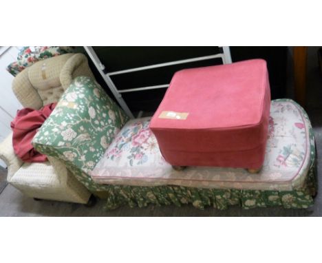 A wing armchair with beige leaf patterned upholstery, a Victorian day bed and a square pouffe. (3)