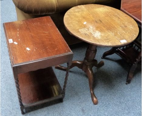 A 19th century oak circular tripod table 54cm diameter and an oak barley twist two-tier occasional table (2)