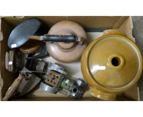 A copper kettle, steam model road roller, measuring tape, shoe last,irons etc