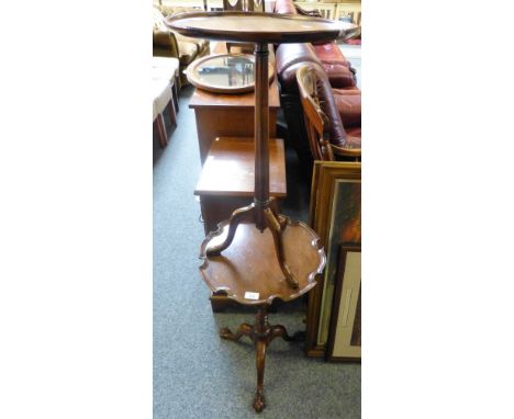 A Georgian style mahogany pie-crust tripod table 40cm diameter and a reproduction mahogany wine table 39cm diameter (2)