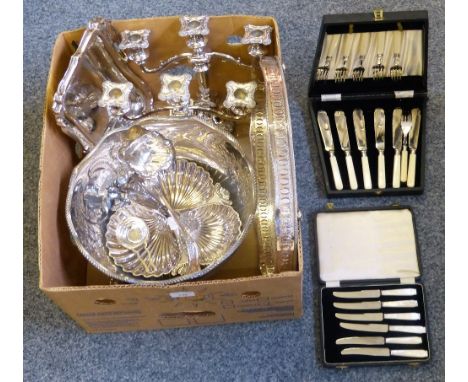 An electroplate punch bowl and ladle, a pair of three light candelabra and other plated wares.