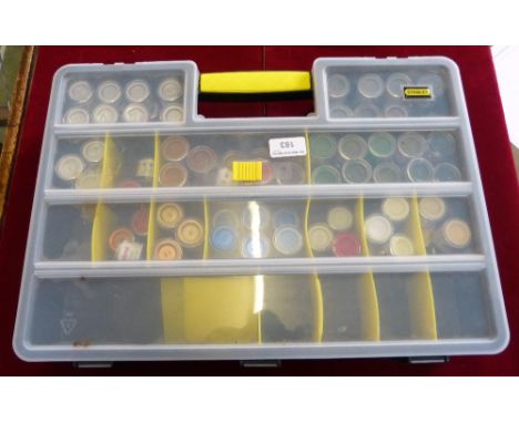 Over 100 tins of Humbrol enamel paint many unused wide variety of colours contained in Stanley multi-division carry case. 