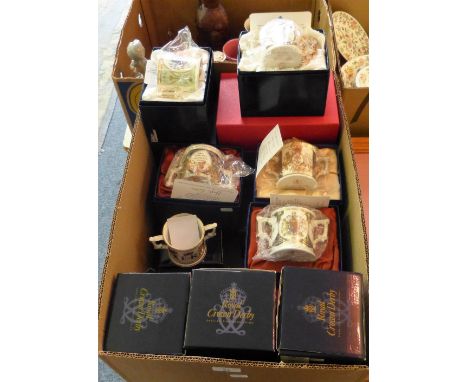 A collection of Limited edition Royal Crown Derby commemorative mugs, cased Spode lidded vase.