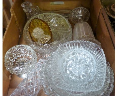 A selection of glassware including drinking glasses, decanter, centrepieces, vases, together with Carltonware dishes, Royal D