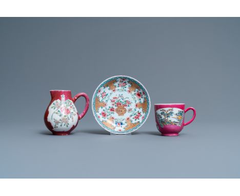 Full title: Three Chinese famille rose ruby-ground and ruby-back wares, YongzhengDescription:Dia.: 11,5 cm (the saucer)L.: 8 