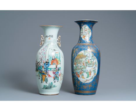 Full title: A Chinese famille verte powder blue-ground vase and a famille rose vase, 19th C.Description:H.: 62,5 cm (the tall