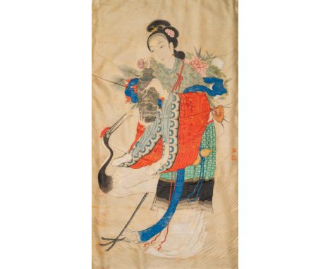 Full title: Chinese school, ink and color on silk: 'Magu with a crane', 18/19th C.Description:Dim.: 146 x 84,5 cm (the scroll