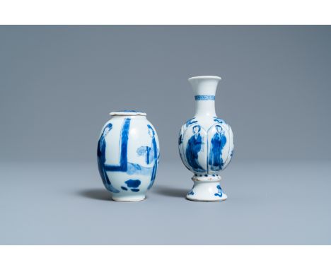 Full title: A Chinese blue and white tea caddy and a bottle vase, KangxiDescription:H.: 12,5 cm (the tallest)The absence of a