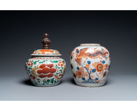 Full title: A Chinese Imari-style jar and a wucai bowl and cover, Kangxi and Transitional periodDescription:H.: 26 cm (the he