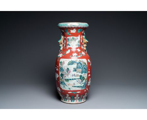 Full title: A Chinese famille rose ruby-ground vase, 19th C.Description:H.: 45,5 cmThe absence of a condition report does not