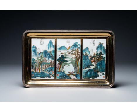 Full title: Three Chinese qianjiang cai plaques in a 'Wolfers' gilded silver tray, RepublicDescription:Dim.: 44 x 27,5 cm (th