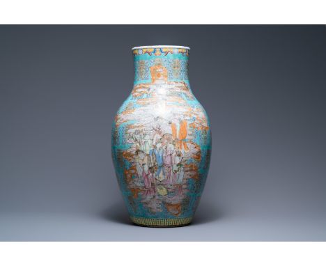 Full title: A fine Chinese turquoise-ground famille rose 'Shou' vase with immortals, QianlongDescription:H.: 63,5 cmThe absen