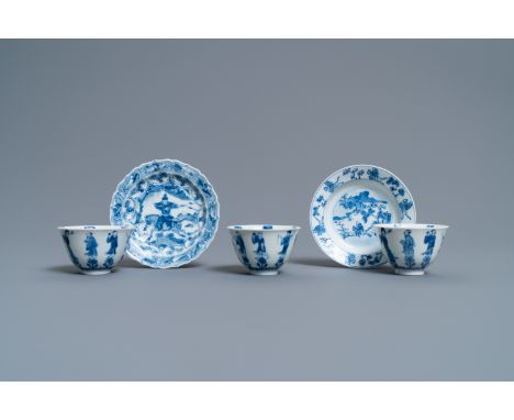 Full title: Three Chinese blue and white cups and two saucers, KangxiDescription:Dia.: 11 cm (the largest saucer)Dia.: 6,5 cm