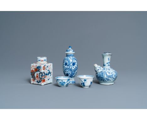 Full title: Two Chinese blue and white cups, a covered vase, a kendi and an Imari-style tea caddy, Wanli and KangxiDescriptio