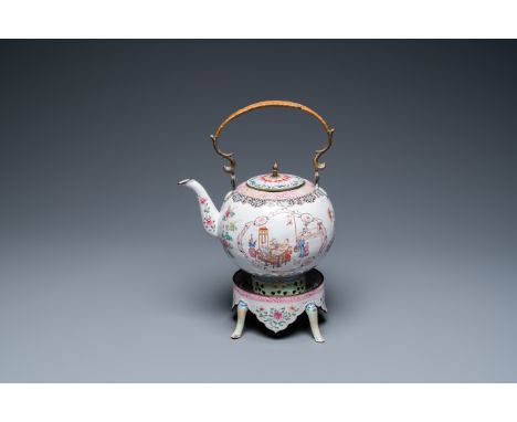 Full title: A Chinese Canton enamel teapot on warming stand, QianlongDescription:H.: 33,5 cm (incl. the handle and stand)L.: 