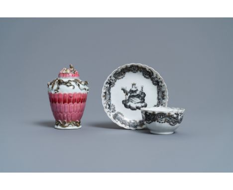 Full title: A Chinese famille rose tea caddy and a grisaille cup and saucer, Yongzheng/QianlongDescription:Dia.: 11,5 cm (the