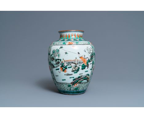 Full title: A Chinese famille verte 'playing boys' vase, 19th C.Description:H.: 31,5 cmThe absence of a condition report does