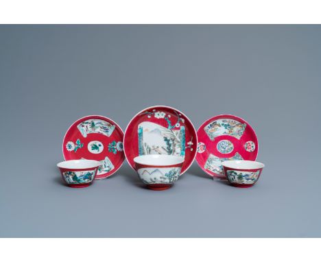 Full title: Three Chinese famille rose ruby-ground cups and saucers, YongzhengDescription:Dia.: 13 cm (the largest saucer)Dia