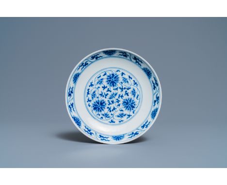 Full title: A Chinese blue and white 'lotus' scroll dish, Guangxu mark and of the periodDescription:Dia.: 16,5 cmThe absence 