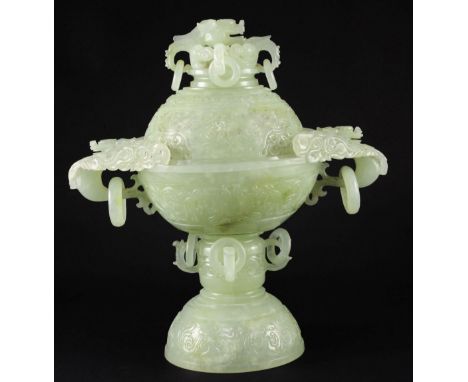 A large Chinese bowenite jade censer and cover, 20th century, 35cm A large Chinese bowenite jade censer and cover, 20th centu