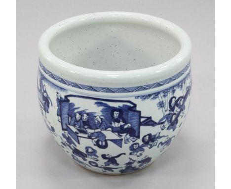 A large Chinese blue and white 'Hundred Boys' goldfish bowl, 42.5cm. diam. A large Chinese blue and white 'Hundred Boys' gold