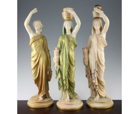Three Royal Worcester figural lamp bases, late 19th / early 20th century, 51cm, one sconce damaged Three Royal Worcester figu