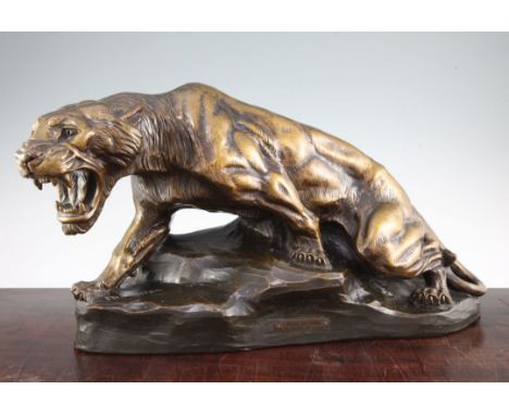 Thomas Francois Cartier (1879-1943). A French Art Deco painted terracotta model of a snarling panther, 24in. Thomas Francois 