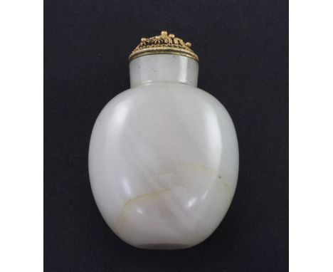 A Chinese celadon jade snuff bottle, 1800-1900, 5.3cm A Chinese celadon jade snuff bottle, 1800-1900, of slightly flattened o