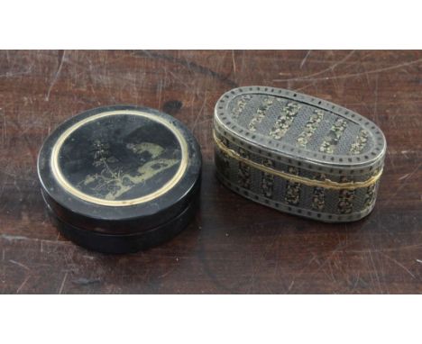 Two snuff boxes A 19th century continental oval tortoiseshell, silver and gold inlaid snuff box, with floral decoration, toge