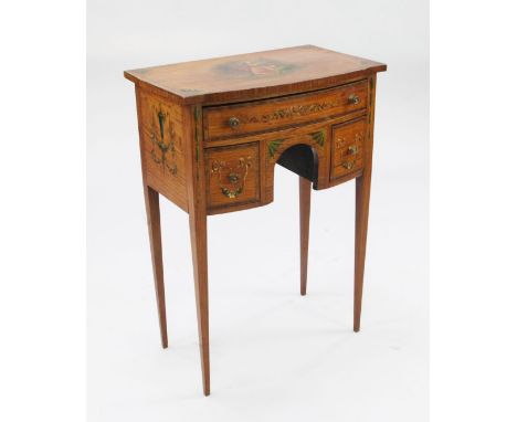 A Sheraton revival satinwood and painted side table, W.1ft 10in. A Sheraton revival satinwood and painted side table, with ro