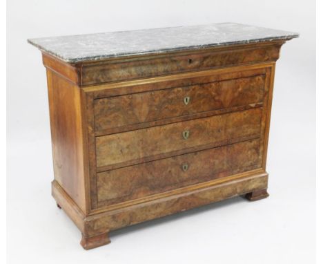 A 19th century French walnut marble top commode, W.4ft 3in. H.3ft 2in. A 19th century French walnut marble top commode, with 