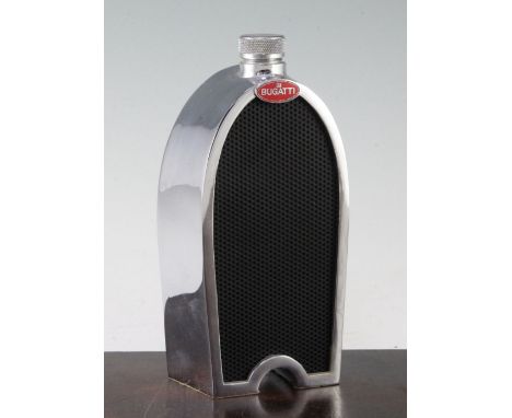 A Ruddspeed chrome plated spirit flask, modelled as a Bugatti radiator grille, 8in. A Ruddspeed chrome plated spirit flask, m