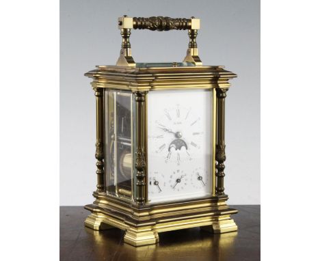 A La Vallée brass hour repeating calendar carriage clock, 7in. with leather travelling case A La Vallée brass hour repeating 