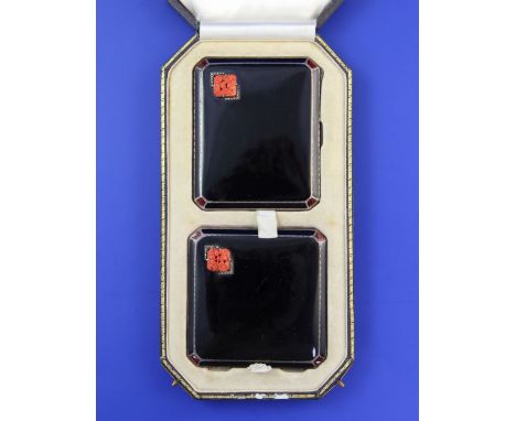 A cased 1930's Art Deco Asprey & Co engine turned silver and two colour enamel compact and matching cigarette case, compact 3