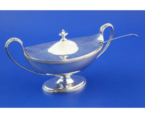 A George III silver Adam style sauce tureen by William Frisbee & sauce ladle, 12.5 oz. A George III silver Adam style sauce t