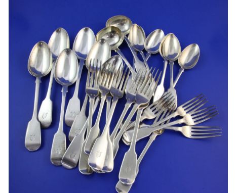 A matched part canteen of 19th century silver fiddle pattern flatware for six, 50 oz. A matched part canteen of 19th century 