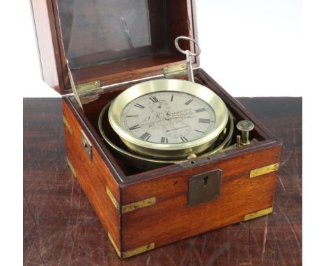 A Victorian brass bound mahogany 56 hour marine chronometer, case 7.5in. A Victorian brass bound mahogany 56 hour marine chro
