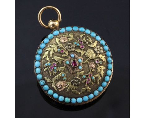 A Victorian three colour gold, ruby and turquoise set pocket watch case, now converted to a locket, 1.5in. A Victorian three 