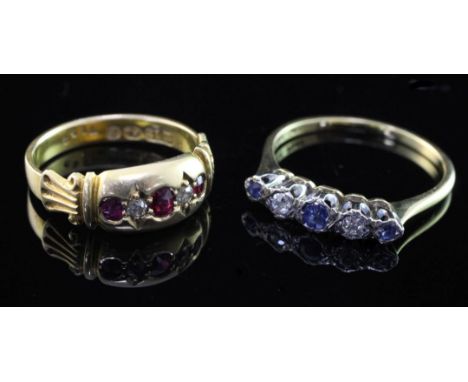 2 x 18ct gold rings A late Victorian 18ct gold and gypsy set ruby and diamond ring, size O and a 1940's 18ct gold and platinu