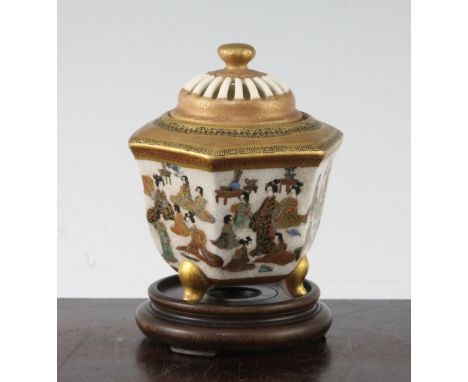 A Japanese Satsuma pottery tripod koro and cover, Meiji period, 9.5cm A Japanese Satsuma pottery tripod koro and cover, Meiji