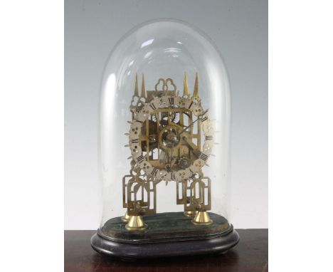 A Victorian brass skeleton clock, 14.5in. incl. dome A Victorian brass skeleton clock, with silvered dial and single fusee mo