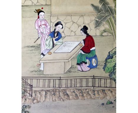 A Chinese painting of ladies playing weiqi in a garden, late 19th / early 20th century, 29.5 x 25cm, framed and glazed A Chin