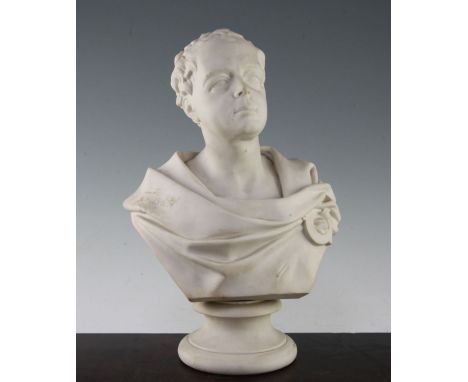 A Moore parian bust of a Victorian gentleman depicted as a Roman Emperor, after a model by E.W. Wyon, 38cm A Moore parian bus