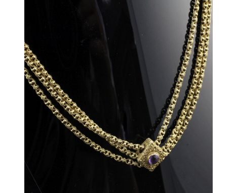 A Victorian 15ct gold triple strand fancy link necklace, gross 37 grams. A Victorian 15ct gold triple strand fancy link neckl